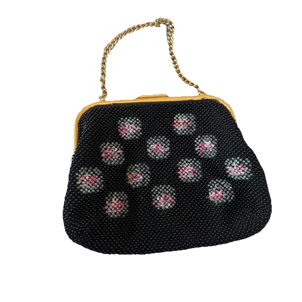 Vintage Corde Bead reversible beaded handbag purse black floral White pattern‎